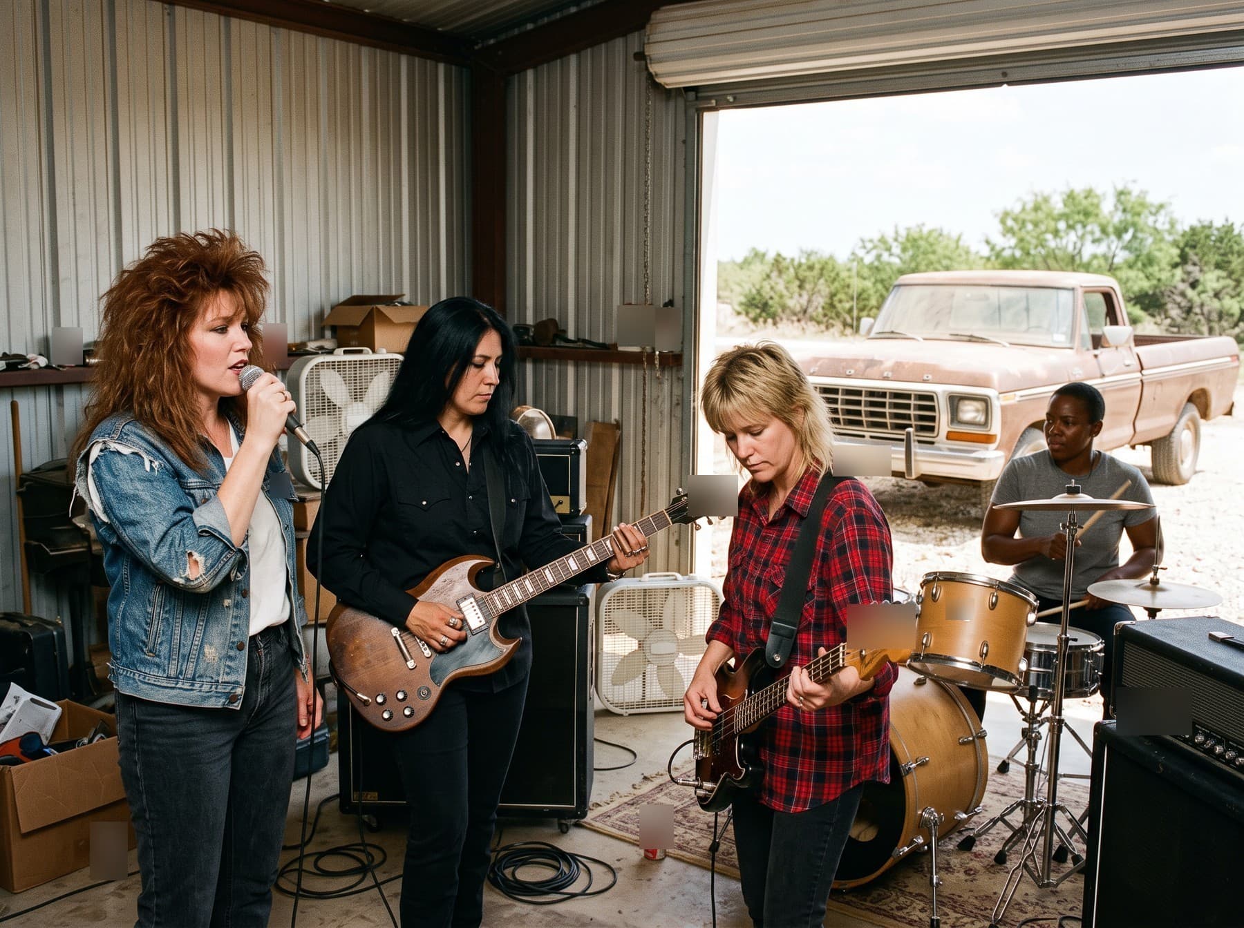 The band rehearsing in a sheet-metal garage with the door rolled up, box fans running and a dusty pickup parked outside