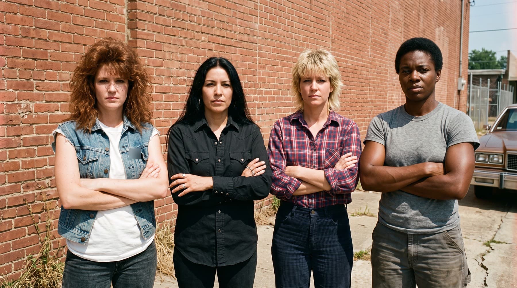 The four members of Incarcerated Kittens standing with arms folded in front of an old red-brick wall in hard Texas sun