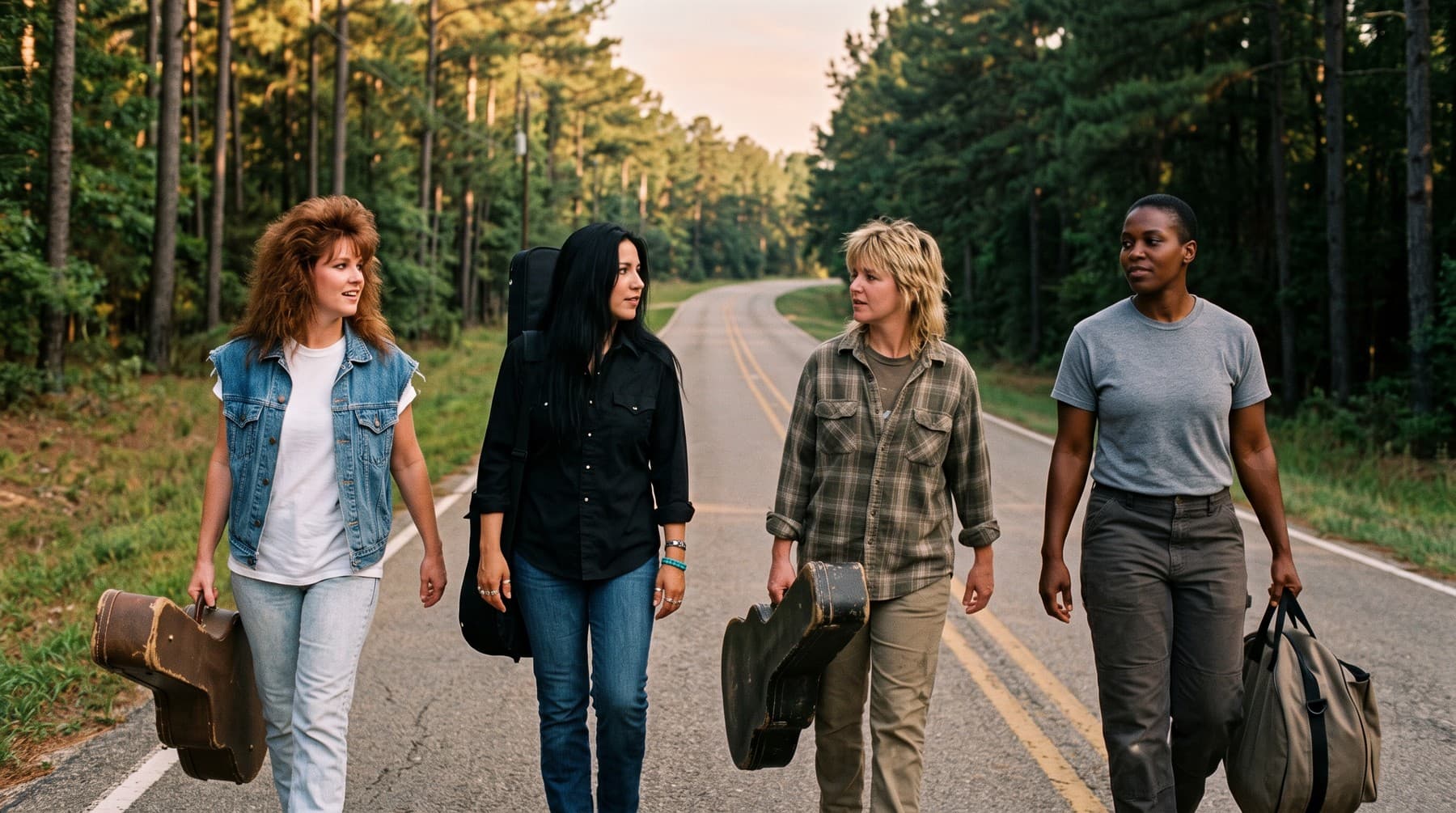 The four members walking down a two-lane road through tall pines, carrying instrument cases and a duffel bag