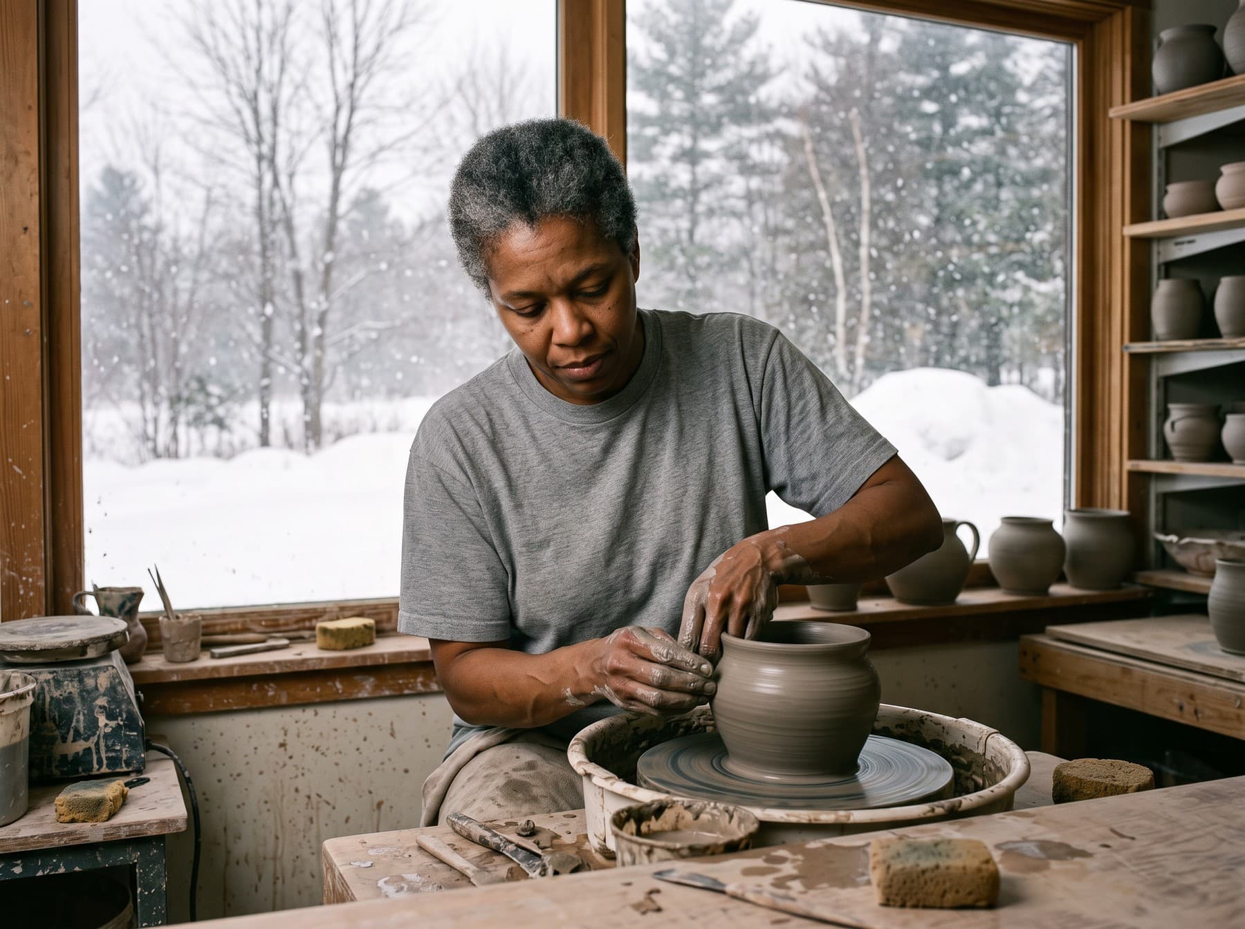 Wanda Pierce, older, throwing a clay pot at a wheel in a studio with snow falling outside the window
