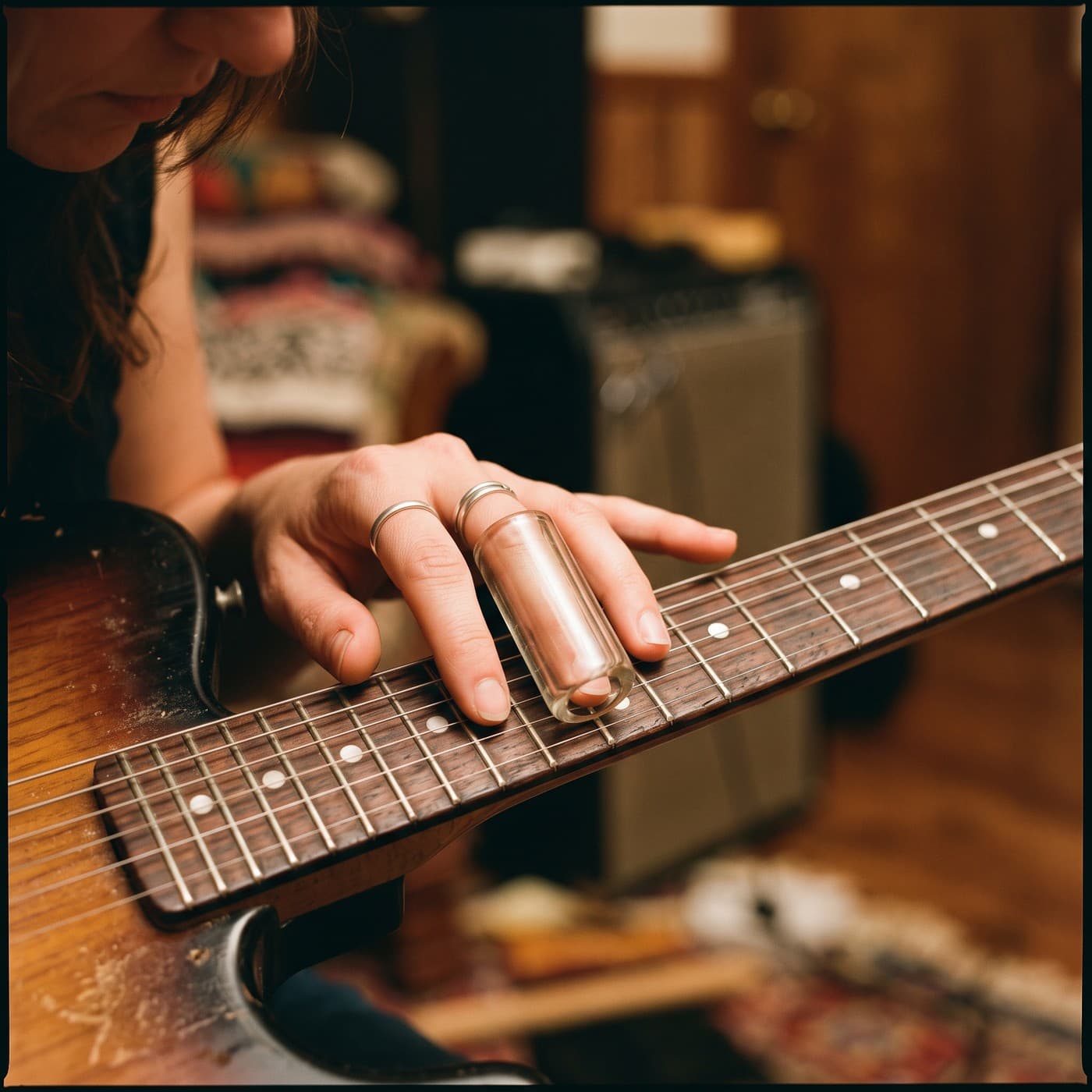 Close-up of a hand with two silver rings and a glass slide on the fretboard of a worn sunburst guitar