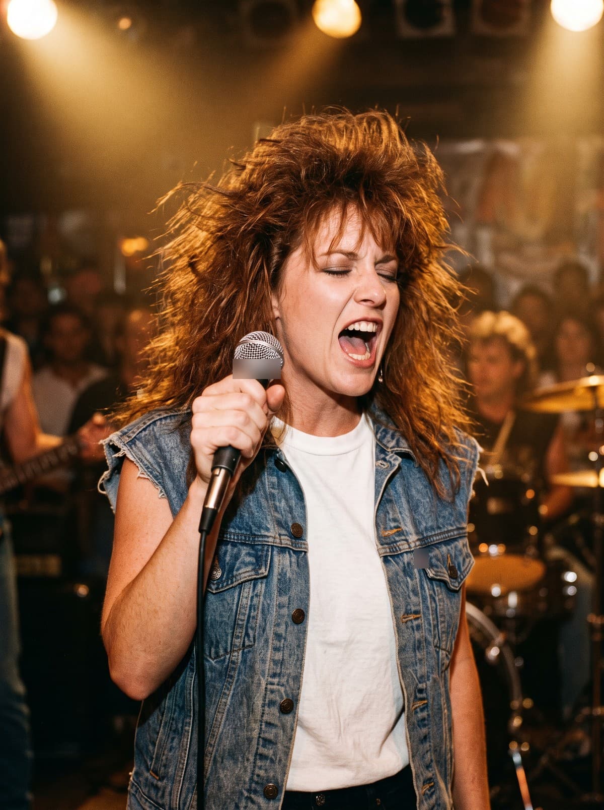 Tammy Rhodes singing with her eyes closed, auburn hair lit from behind, in a sleeveless denim vest